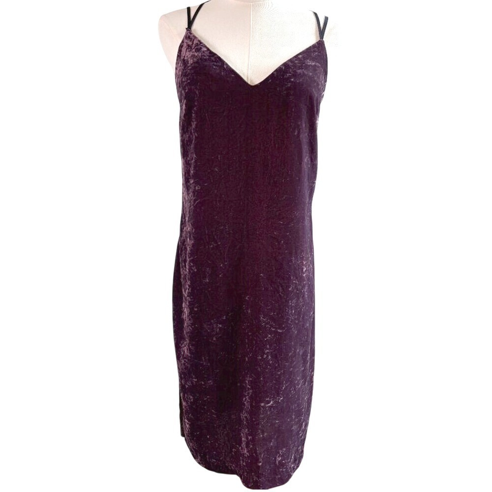 Splendid Crushed Velvet Slip Dress Purple‎ Womens XS T-Back Midi V-Neck